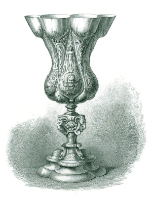 Full view of a sixteenth-century German silver cup engraving, decorated with small figures, masks, ornaments and projecting ram’s heads.