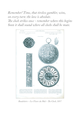Full view of the Baudelaire poetry print, featuring an English adaptation of “The Clock” above a vintage engraving of an ornate pocket watch.