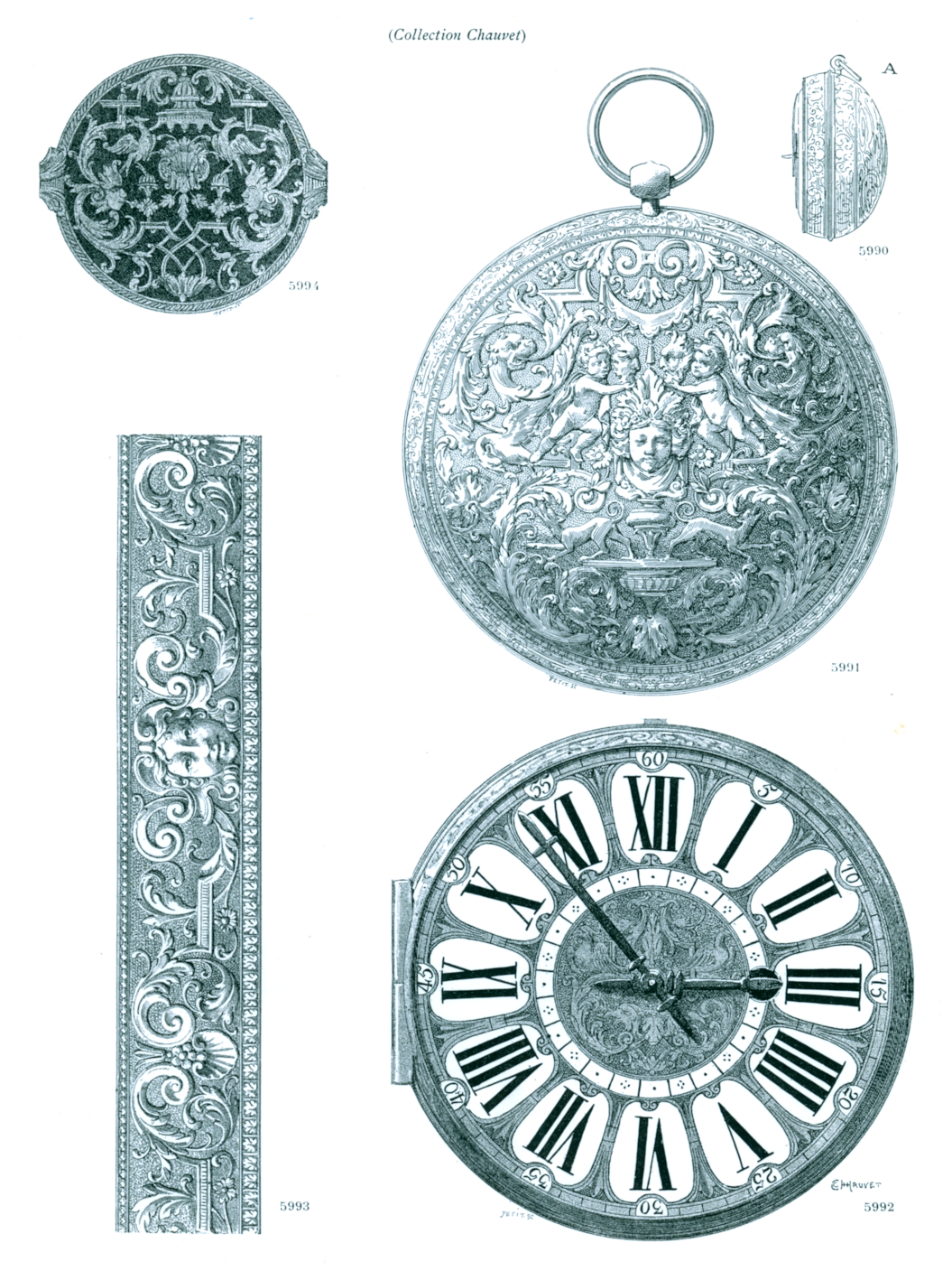 Antique engraved illustration of a decorated gold pocket watch, showing its detailed case, dial and ornamental design elements.