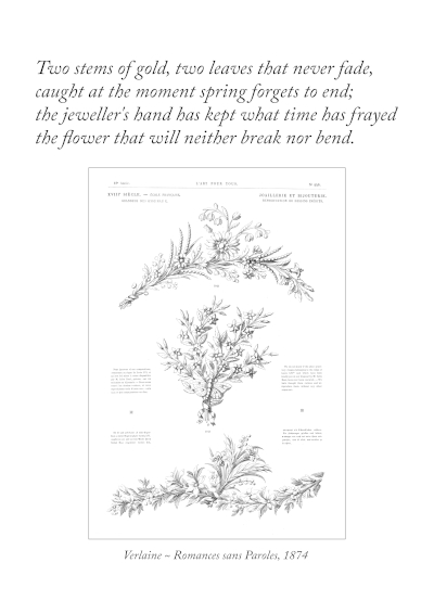Full view of the vintage-inspired floral poetry print featuring verse attributed to Paul Verlaine and an antique jewellery illustration.